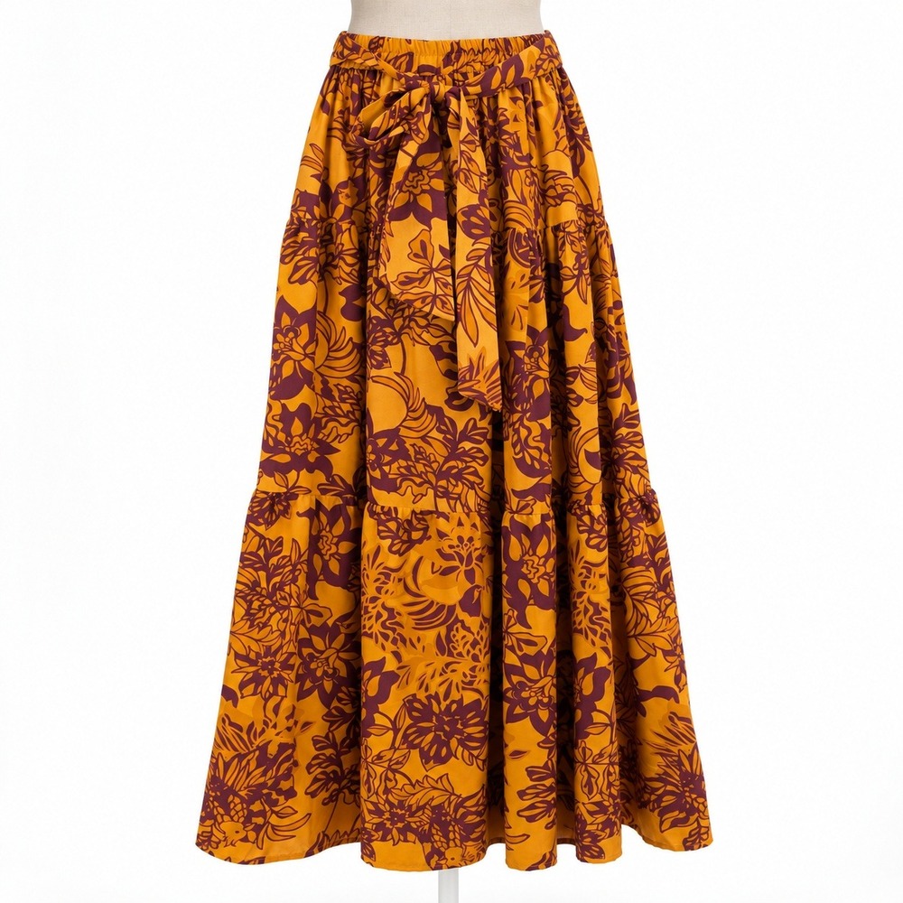 Floral Tiered Elastic Waist Maxi Skirt Sz M Orange Festival Indie Boho Tropical